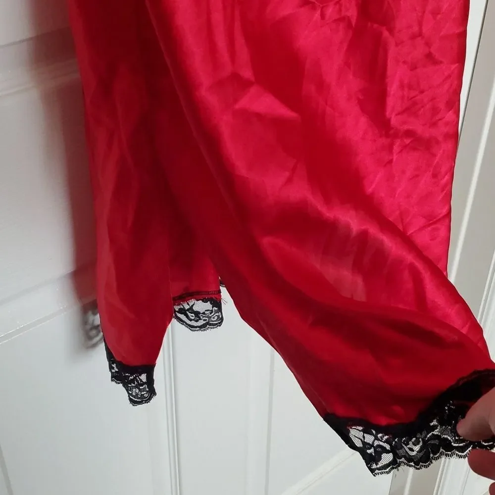 Secret Treasures Red Satin Long Chemise Nightgown Black Lace Trim - Medium